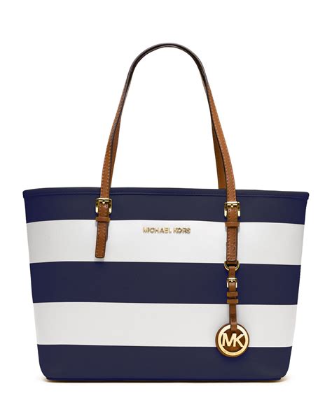 michael kors bag blue and white stripes|Michael Kors black leather handbag.